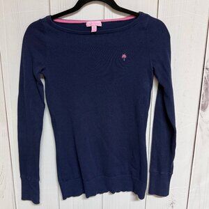 Lilly Pulitzer Navy Blue Palm Tree Sweater Women’s XS Long Sleeve Cotton Blend